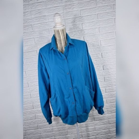 Vintage Jackets & Blazers - Vintage 80s Cortiva Crinkly Blue Jacket Lightweight Size Large